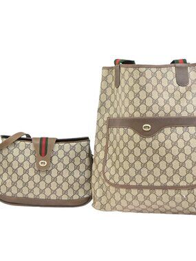 GUCCI Logo Sherry GG Pattern 2set Shoulder Hand Bag PVC Leather Beige 86KC963